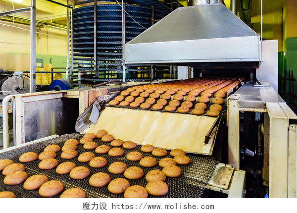 流水线上美味的饼干烘焙燕麦饼干生产线。传送带上的饼干